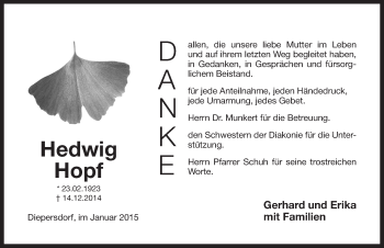Traueranzeige von Hedwig Hopf von Pegnitz-Zeitung
